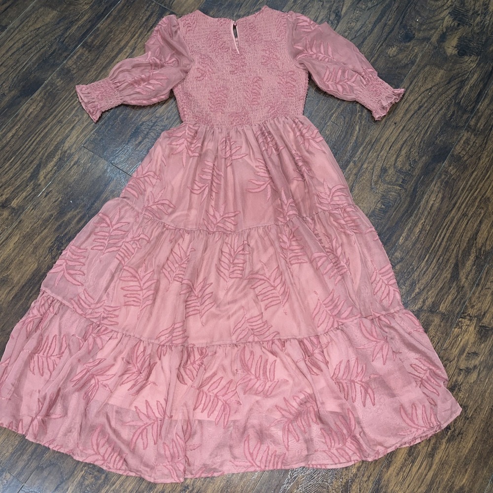 Baltic Born Dusty Rose Smocked Midi Dress Puff Sleeve Tiered Women's Size Small - Picture 3 of 9